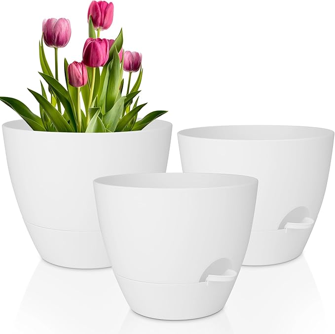 Plant Pots 12/10/9 Inch Self Watering Pots, Set of 3 Plastic Planters with Drainage Holes and Saucers,Plastic Flower Pots,Nursery Planting Pot for Indoor Out Door Plants(Pure White)