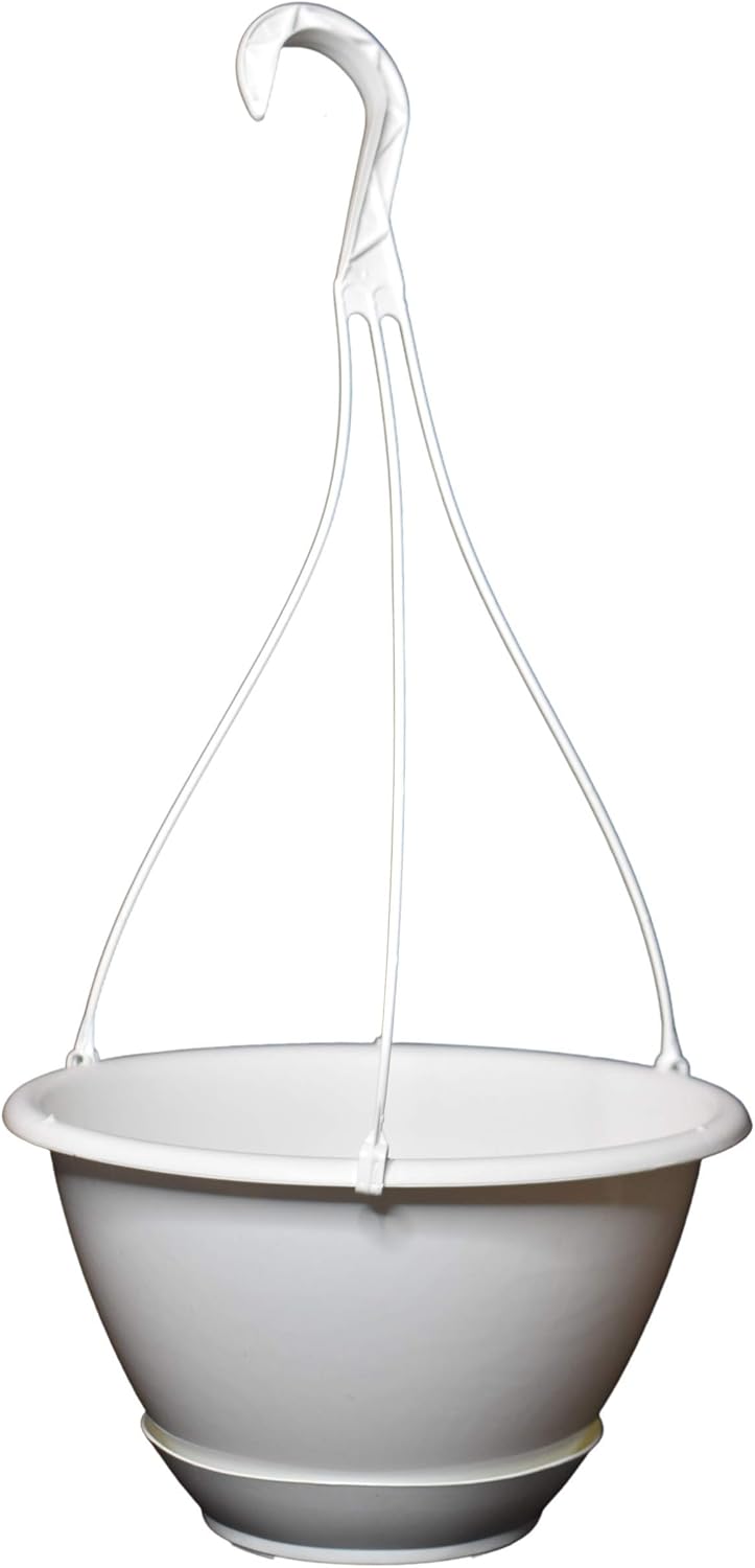 10" white plastic hanging basket with saucer for shown in use