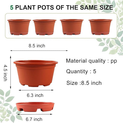 5 Pack 8.5 inch Plant Pot,Outdoor Flower Pots,Plastic pots for Plants Indoor with Drainage Holes and Trays, Decorative Garden Containers Sets for Houseplants