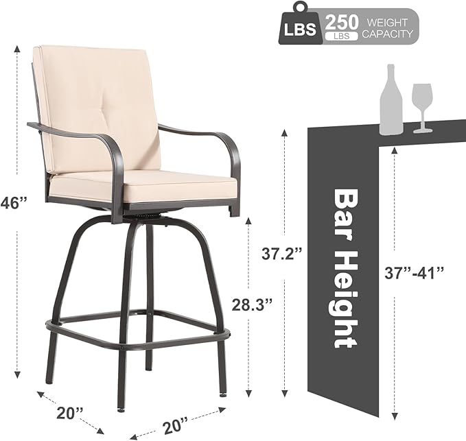 Patio Swivel Bar Stools Set of 4, Outdoor Bar Height Swivel Chairs with Cushions for Garden Balcony Backyard, Beige