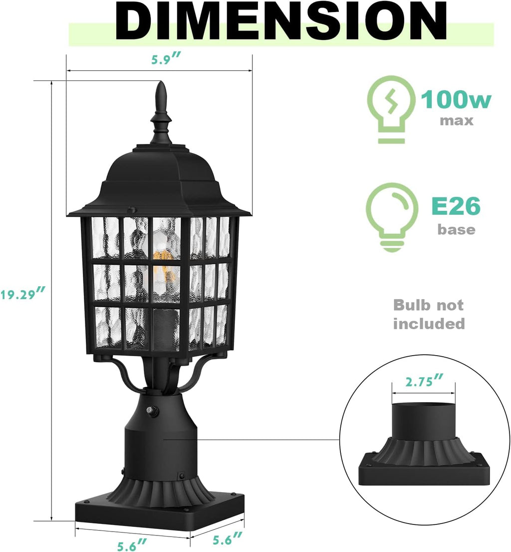 2-Pack Dusk to Dawn Outdoor Post Light, Black | Lamp Post Light Fixture, Water Ripple Glass, Pier Mount Base, Exterior Pole Lantern Light for Yard Patio Pathway