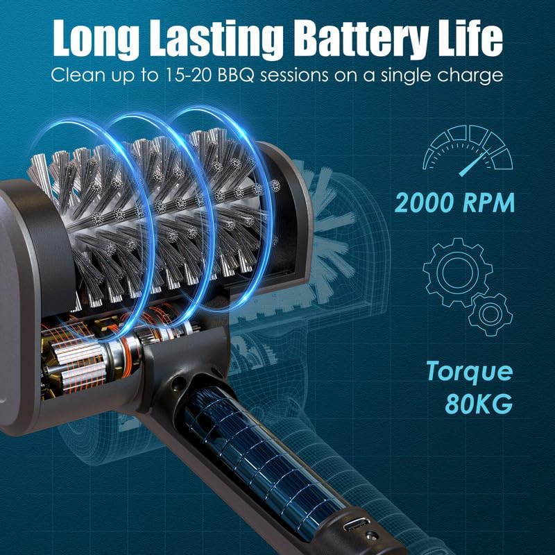 Electric Grill Brush Rechargeable Grill Cleaner 3 Heads 2 Speed 2000 RPM Torque 80KG BBQ Cleaning Brush with Safety Lock Submersible 304 SS Head Splash-Proof Scrubbe IPX7 Waterproof Silvery Black