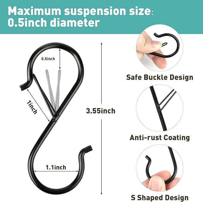 Navona 60 Pcs S Hooks for Hanging Heavy Duty, 3.5-inch Heavy Duty Metal S Hook with Safety Buckle, Suitable for 0.5 inch Rods, S Hook for Hanging Plants, Closet, Kitchen Utensil, Pot, Pan, Bags