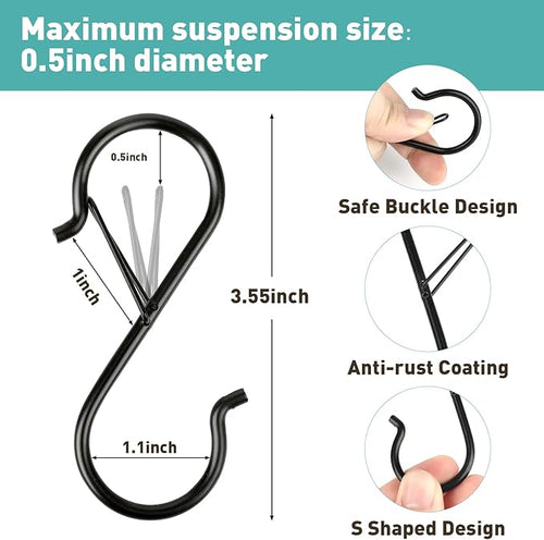 150 Pcs S Hooks for Hanging Heavy Duty, 3.5-inch Heavy Duty Metal S Hook with Safety Buckle, Suitable for 0.5 inch Rods, S Hook for Hanging Plants, Closet, Kitchen Utensil, Pot, Pan, Bags