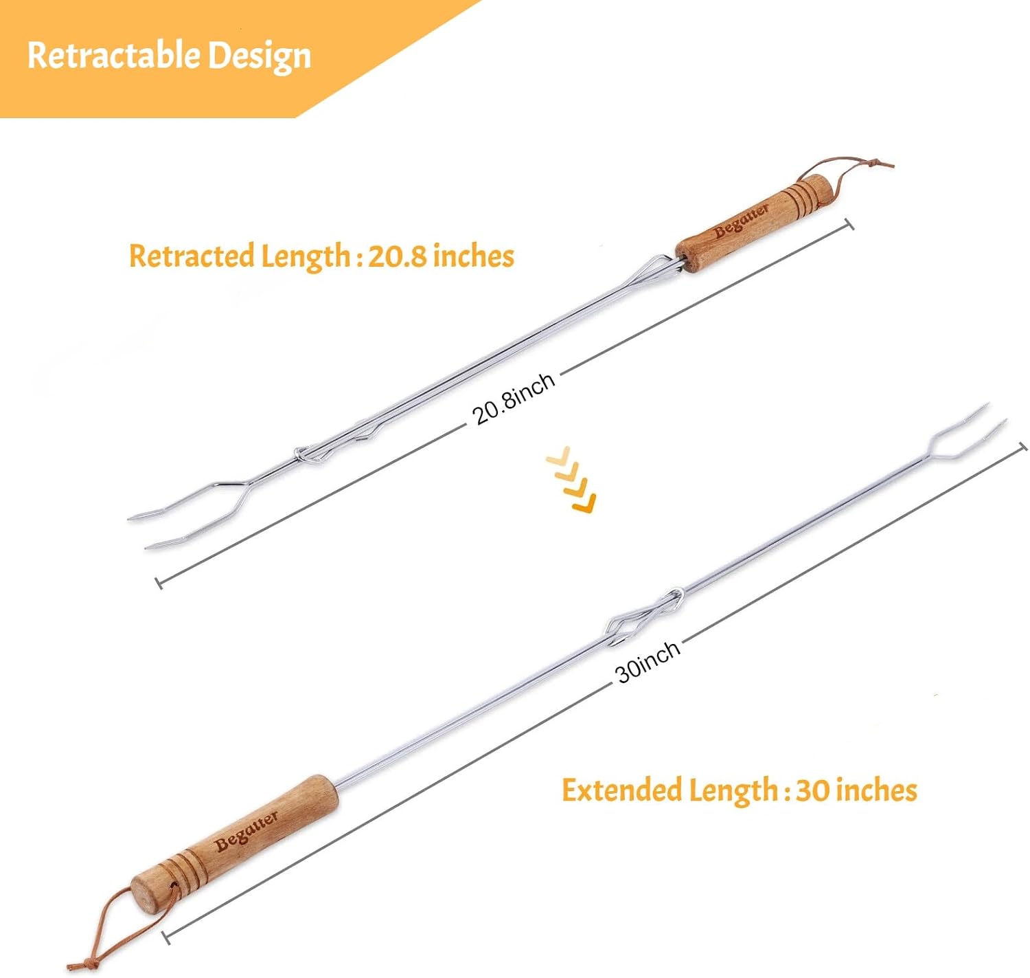 Begatter Smores Sticks, Marshmallow Sticks for Fire Pit, 30" Long Extendable Heavy Duty Roasting Sticks for Hot Dogs Vegetables S'mores over Campfire, 4 Pack