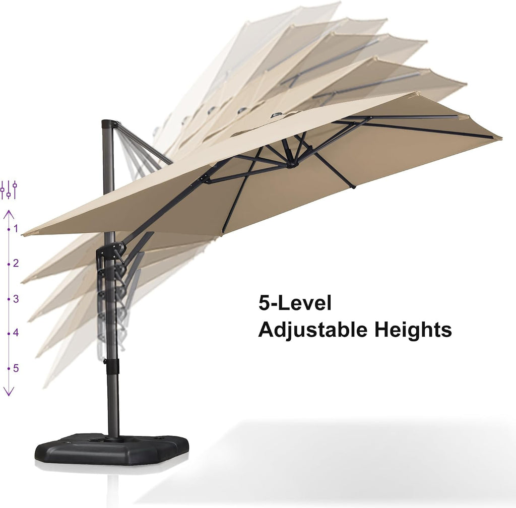purple leaf patio umbrella with base and cover showing dimensions