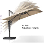 purple leaf patio umbrella with base and cover showing dimensions