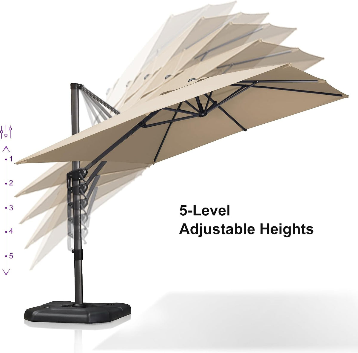 purple leaf patio umbrella with base and cover showing dimensions