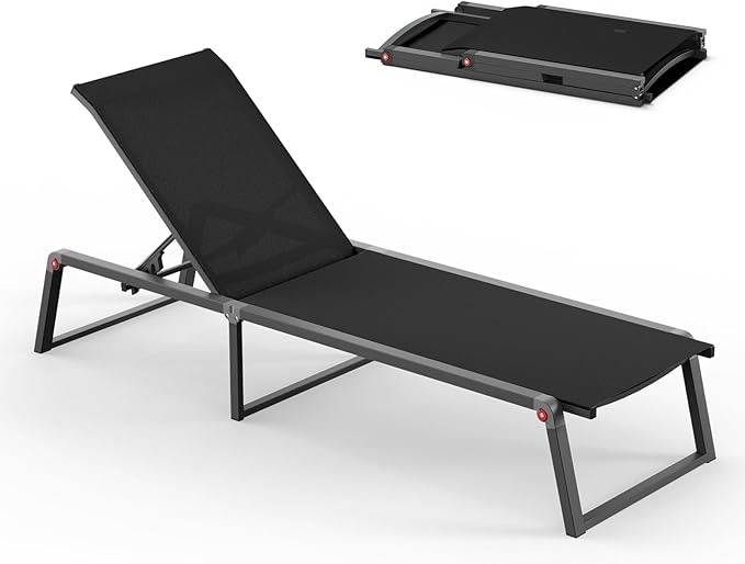 Aluminum Chaise Lounge Chair Outdoor, Foldable & Assembly Free Patio Pool Lounge Chairs 5-Position Recliner for Outside Poolside, Fully Grounded Legs Sun Lounger for Beach, Yard, Black