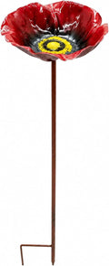 Flower Bird Bath and Feeder, 24.8-Inch Outdoor Metal Stake (Rose red) | Flower-shaped bowl holds water or seed; 3-section metal stake installs tool-free with a stable H-style ground base.