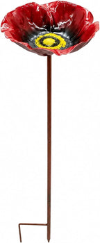 Flower Bird Bath and Feeder, 24.8-Inch Outdoor Metal Stake (Rose red) | Flower-shaped bowl holds water or seed; 3-section metal stake installs tool-free with a stable H-style ground base.