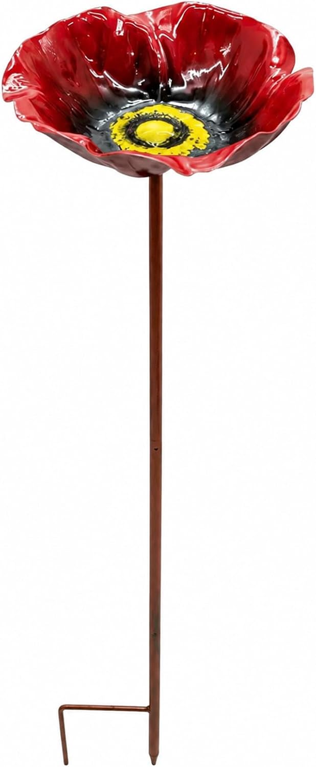 Flower Bird Bath and Feeder, 24.8-Inch Outdoor Metal Stake (Rose red) | Flower-shaped bowl holds water or seed; 3-section metal stake installs tool-free with a stable H-style ground base.