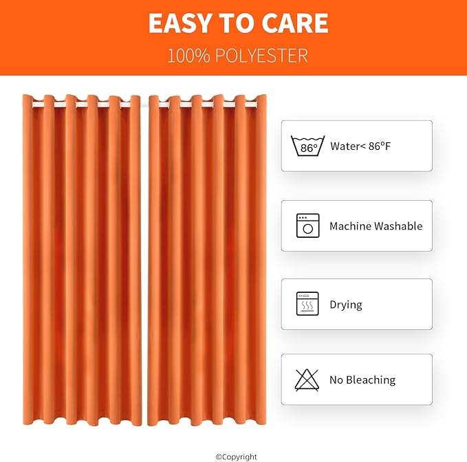 Waterproof Outdoor Curtain W84 x L84 - Grommet Top Sunlight Blocking Window Treatment Drapes Blackout Curtains for Home Bedroom Living Room Outdoor Patio Porch Gazebo (Orange, 2 Panels)