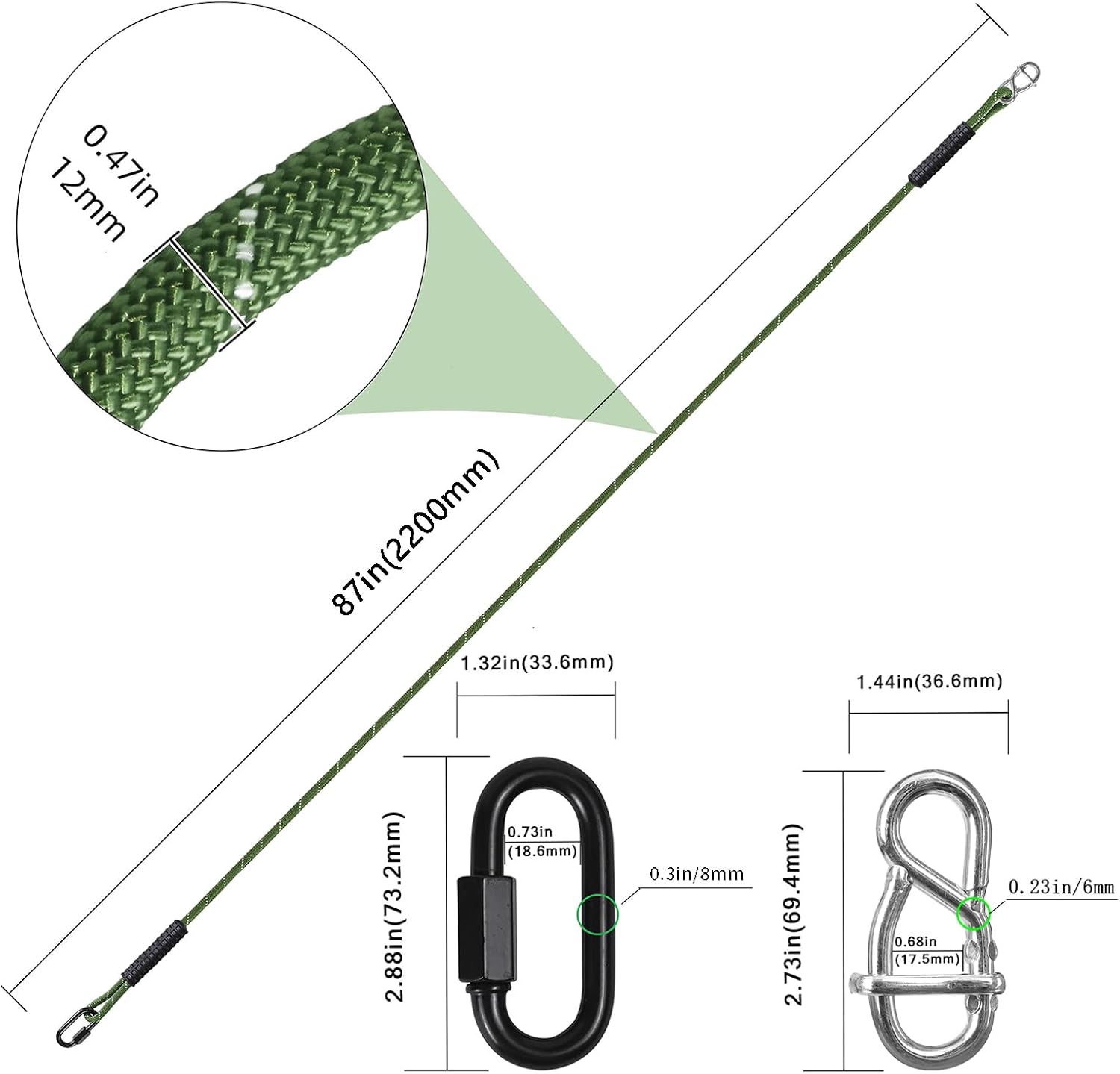 Heavy Duty Tree Swing Ropes Hammock, Hanging Straps, Adjustable Extendable for Outdoor Swings Hammock Playground Set Accessories, 7.25ft(87") of 2, Green