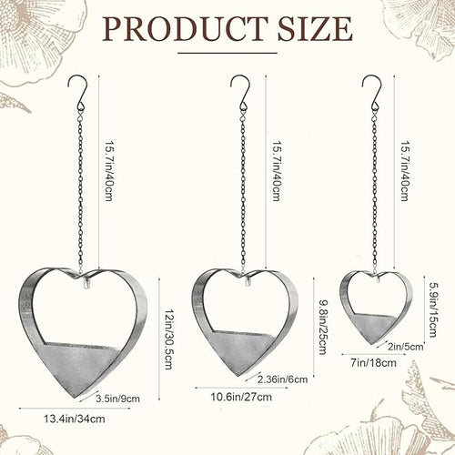 3 Pcs 3 Size Heart Metal Hanging Planter Indoor Outdoor, 13.4" 10.6" 7" Large Metal Plant Hangers Vintage Flower Pot with Hook Chain Drain Hole Gift for Gardener Women Mom Home Decor(Silver)