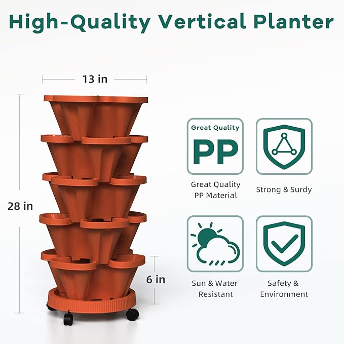Strawberry Vertical Planters 2 Pack, 5 Tiered Stacking Tower Garden with Support Pole, Stackable Herb Vegetable Planters Indoor Outdoor Terra Cotta