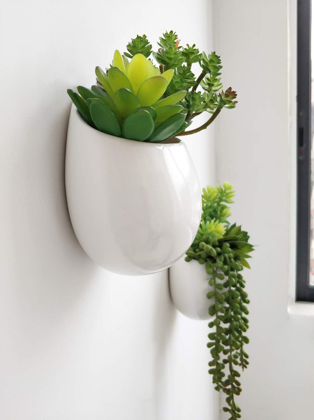 Mkono Wall Planter Ceramic Hanging Pot with Artificial Fake Plants, 3 Pack | 8 Realistic Succulents Included,White Air Plant Holder,Wall Mounted Vase,No Water Needed,Home/Bathroom Decor,Plant Lover Gift