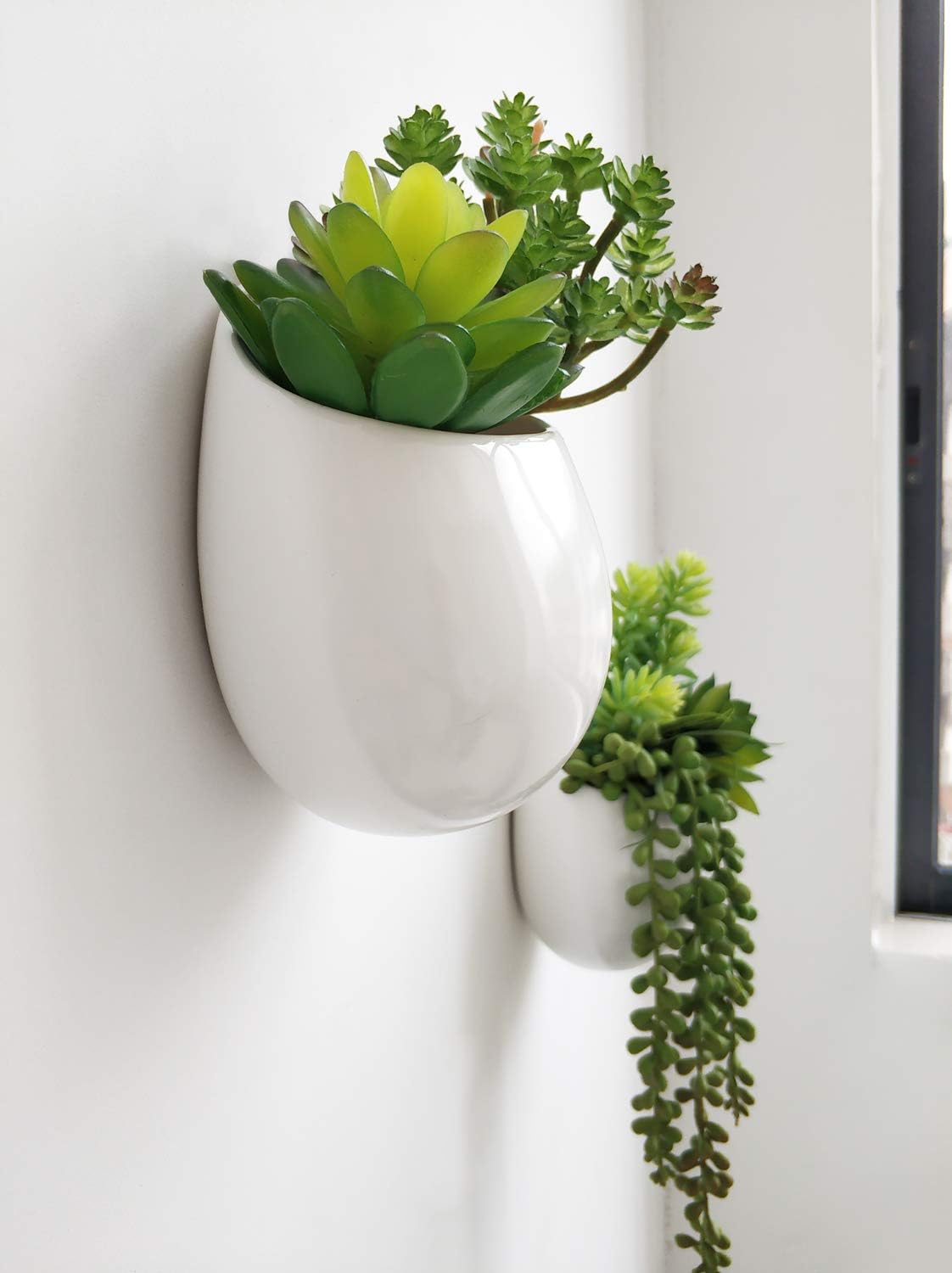 Mkono Wall Planter Ceramic Hanging Pot with Artificial Fake Plants, 3 Pack | 8 Realistic Succulents Included,White Air Plant Holder,Wall Mounted Vase,No Water Needed,Home/Bathroom Decor,Plant Lover Gift