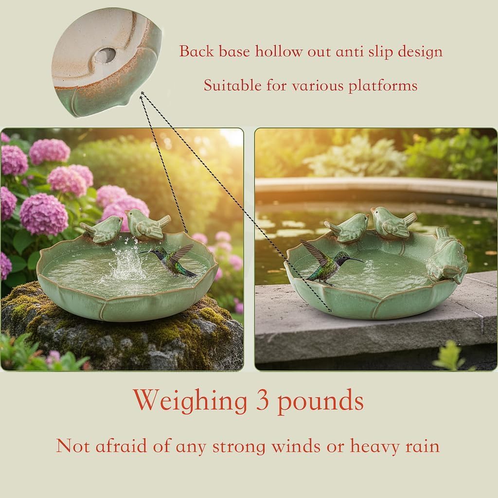 Ceramic Bird Bath for Outside on Ground，Heavy Duty Bird Feeders,Birdbath for Outdoors, Green Bird Baths Bowl for Garden,Table Deck, Balcony, Lawn (Bowl Only)