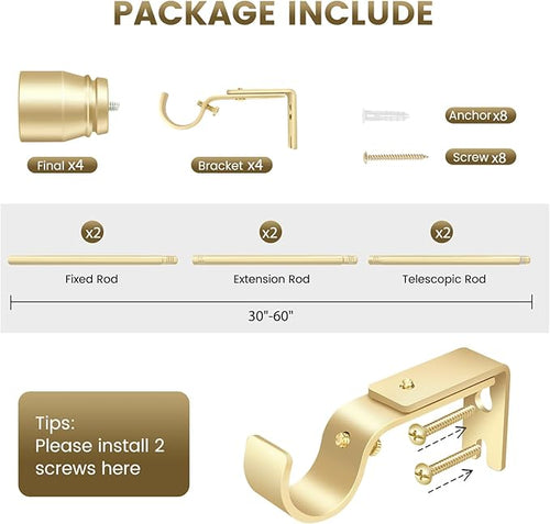 1” Diameter Gold Curtain Rod Itself is 30-60 inch 2 Pack, Fit 30 to 56 Windows with Heavy Duty Adjustable Telescopic Rod，Splicing Metal Extra Long Curtain Rod for Windows Sliding Glass Door