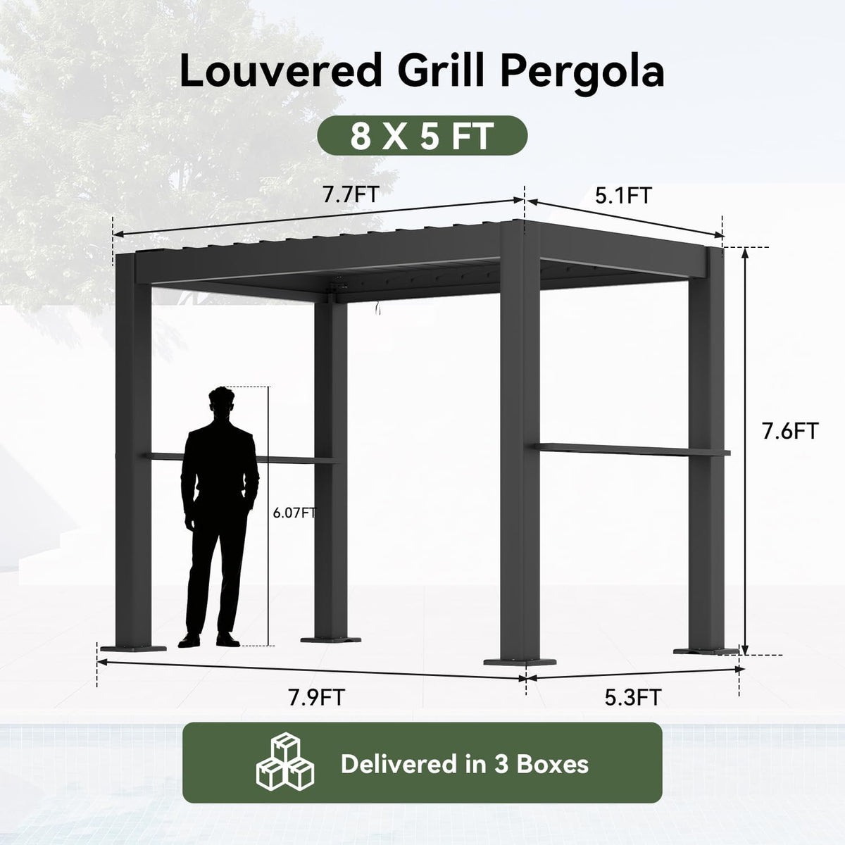 aoxun louvered pergola 8x5, outdoor grill pergola with, front angle view