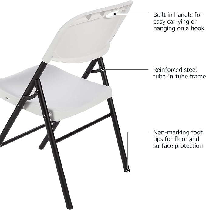 Amazon Basics Foldable Portable Comfortable Sturdy Folding Plastic Chair, 350-Pound Capacity, White, 4-Pack