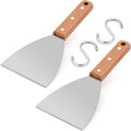 HaSteeL Wooden Griddle Scraper Set of 2, Stainless Steel Metal Grill Scrapers 9.5” for Food Service, Cleaning Supplies, Teppanyaki Flat Top BBQ Cooking, Slant Metal & 2 Hooks