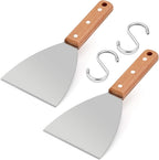 HaSteeL Wooden Griddle Scraper Set of 2, Stainless Steel Metal Grill Scrapers 9.5” for Food Service, Cleaning Supplies, Teppanyaki Flat Top BBQ Cooking, Slant Metal & 2 Hooks