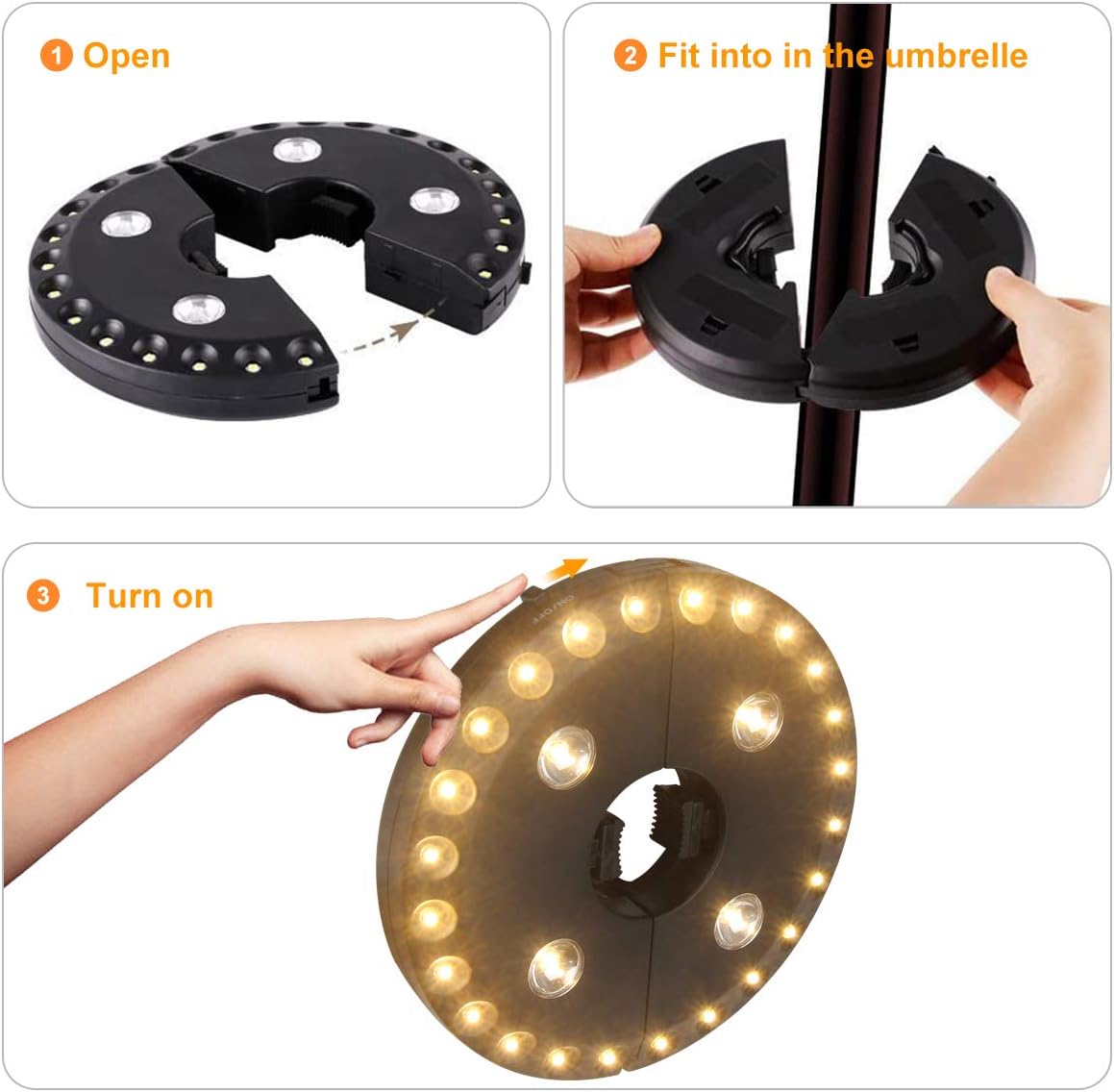 Patio Umbrella Light, 28 LED Lights, Umbrella Pole Light (Warm White) | 200 lumens 3 Lighting Modes Cordless 4 x AA Battery Operated, for Patio Umbrellas, Camping Tents or Outdoor Use