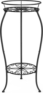 FaithLand Plant Stand, Metal Planter Holder Indoor Outdoor, 2 Tier Round Potted Supports Rack, Corner Display Shelf Black, Tall
