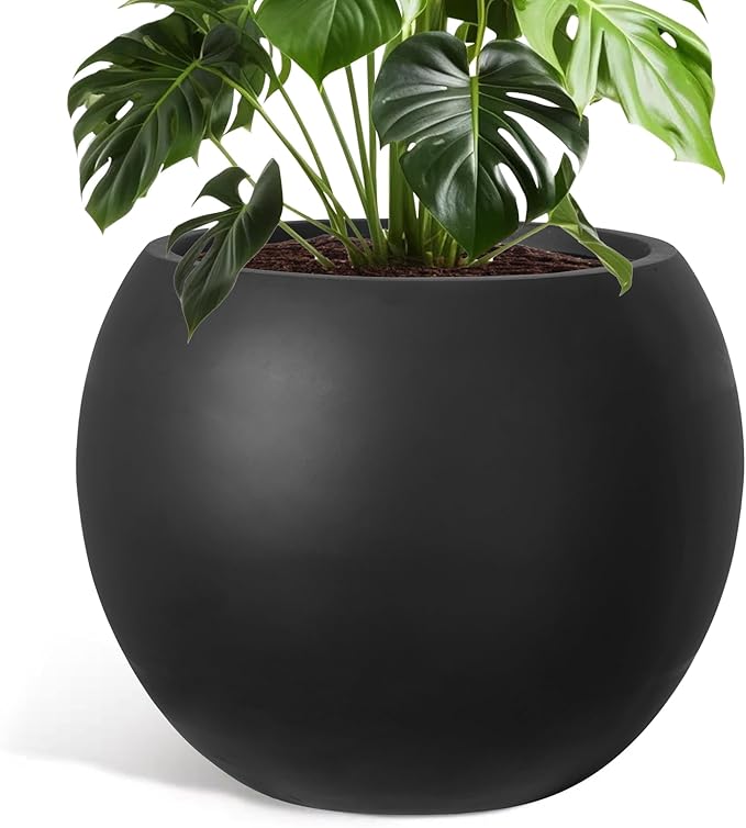 Large Round Planter with Drainage Hole, 13.7''H × 17.7''D Sphere Planter Indoor Plant Flower Pot for Outdoor Garden Patio Home, Black