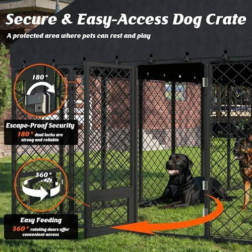 10x14ft outdoor dog kennel with roof and feeding, close-up detail