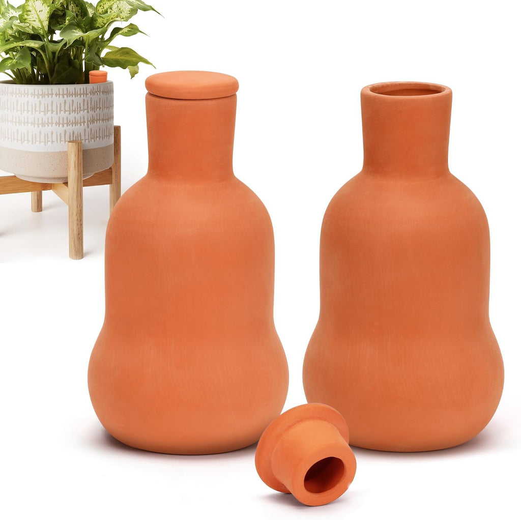 Terracotta Ollas Watering Pots, 2 PCS Slow Release Plant Watering Globes Terracotta Self Watering Planter Insert, Holds 15 Oz Water Automatic Watering System for Potted Plants While On Vacation