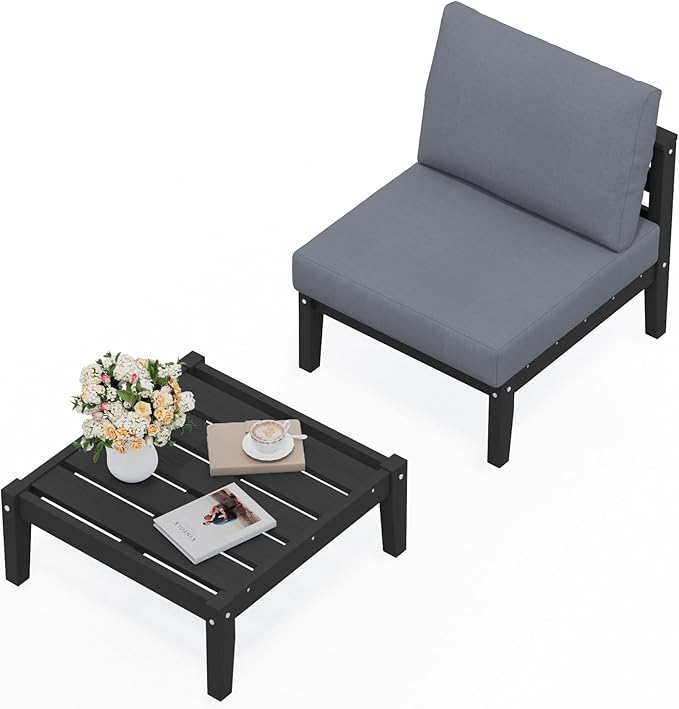 SERWALL HDPE Patio Furniture Set, 2 Pieces Outdoor Sectional Sofa Set, All-Weather Wood-Like Outdoor Sofa Couch with Coffee Table for Deck, Lawn, Black Frame with Grey Cushion