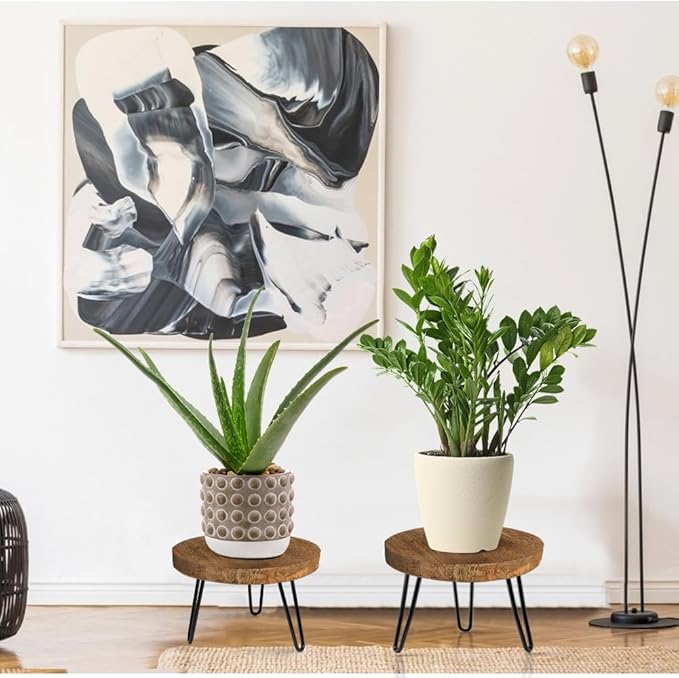 Plant Stand Indoor Outdoor, Wooden plant Stool, Mid Century Plant Stand for Indoor Plants, Wood Modern Plant Holder Rattan Flower, Low Short Boho Rustic Planter Stand Fit 5-15 Inch Pot(M, L)
