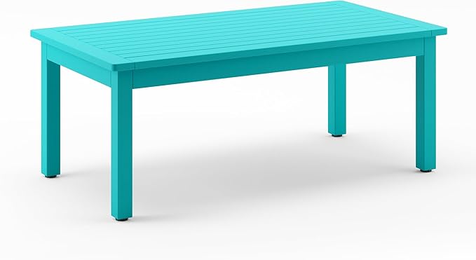 LUE BONA Outdoor Coffee Table, HDPS Patio Coffee Tables for Outside Rectangle, Adjustable Levelling Feet/Weather Resistant, Patio Table for Deck, Pool, Balcony, Indoor or Outdoor Use, Aruba Blue