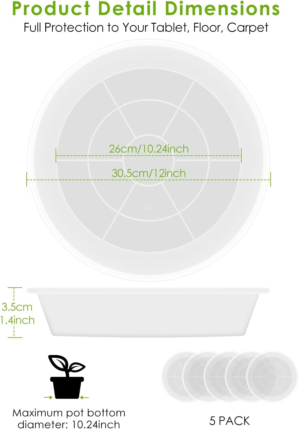 PACETAP 12 inch 5 Pack Plant Saucer Pot Tray, Large Thickened PP Plastic Flower Planter Water Drip Trays for Indoor Outdoor Garden, Semi-Transparent Planter Water Catcher for Pot, Plant Dish