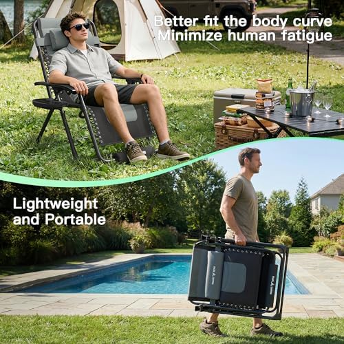 Amopatio Oversized Padded Zero Gravity Chairs Reclining Patio Lounge Chair | 29" Wide; 0-170° Recline; Removable Headrest, Cup Holder & Footrest; Foldable Weather Resistant 500LBS Capacity