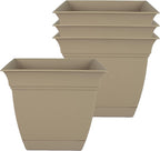The HC Companies 6 Inch Eclipse Square Planter Pots with Drainage Holes & Attached Saucer, Lightweight UV-Resistant Plastic Indoor Outdoor Planters, 4-Pack Flower Pots for Garden Home Decor, Sandstone