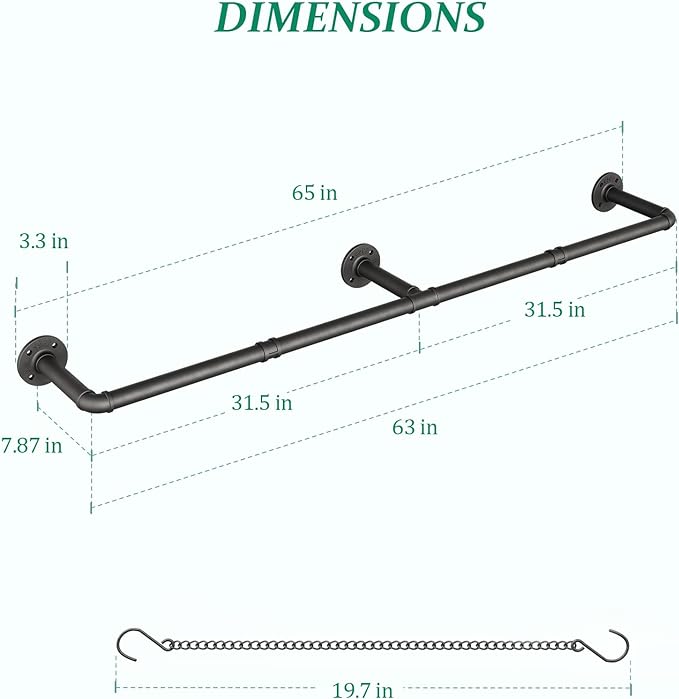 Plant Haning Rod, Hanging Planters for Indoor Plants with 6 Chains, Wall Plant Hanging Bar for Window Celling, 65.7 Inch, Metal Black, Pots Not Included