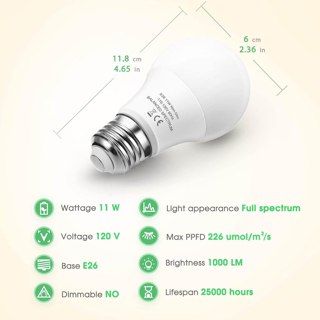 Grow Light Bulbs, LED Grow Light Bulb A19, Full Spectrum Light Bulb | Grow Bulb E26 Base, 11W Plant Light Bulbs 100W Equivalent, Grow Light Bulb for Indoor Plants, Flowers, Greenhouse, 2 Pack