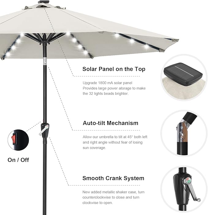 ABCCANOPY Durable Solar Led Patio Umbrellas with 32LED Lights 11FT (Light Beige)