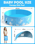 Foldable Kiddie Pool with Canopy, 47 in, Non-Inflatable, Blue | UPF 50+ sun canopy; portable baby pool for toddlers ages 1-3 and dogs, suitable for backyard, beach and outdoor water play