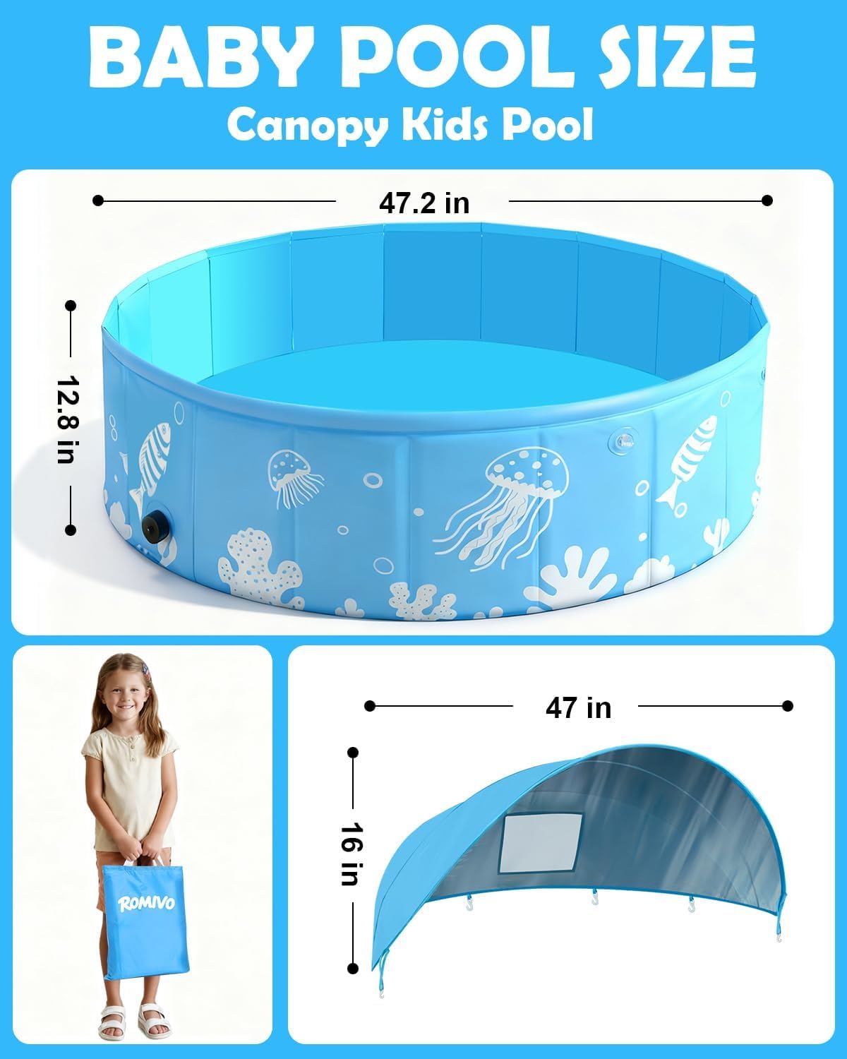 Foldable Kiddie Pool with Canopy, 47 in, Non-Inflatable, Blue | UPF 50+ sun canopy; portable baby pool for toddlers ages 1-3 and dogs, suitable for backyard, beach and outdoor water play