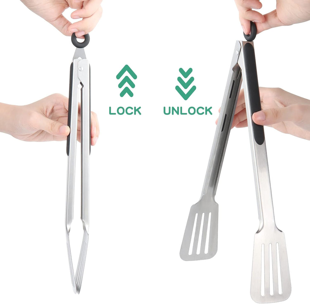 Tongs for Cooking, Set of 2 Metal Spatula Tongs for Grilling, Black | 9 inch & 12 inch, Flat Spatula Head, Comfortable Handle, Strong Grip, Easy Pull Lock, Flipping Utensil
