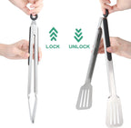 Tongs for Cooking, Set of 2 Metal Spatula Tongs for Grilling, Black | 9 inch & 12 inch, Flat Spatula Head, Comfortable Handle, Strong Grip, Easy Pull Lock, Flipping Utensil
