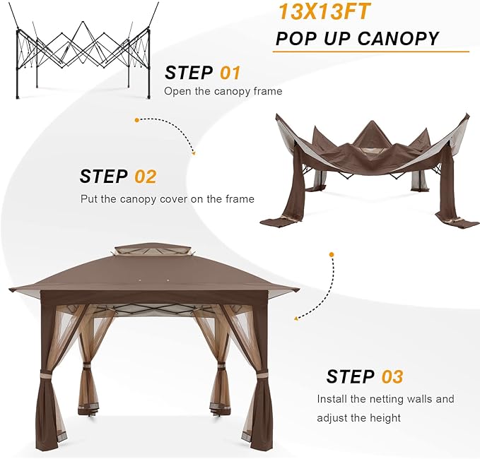COOSHADE 13x13 Pop Up Gazebo Tent Outdoor Canopy Patio Shelter with Mosquito Netting(Brown)