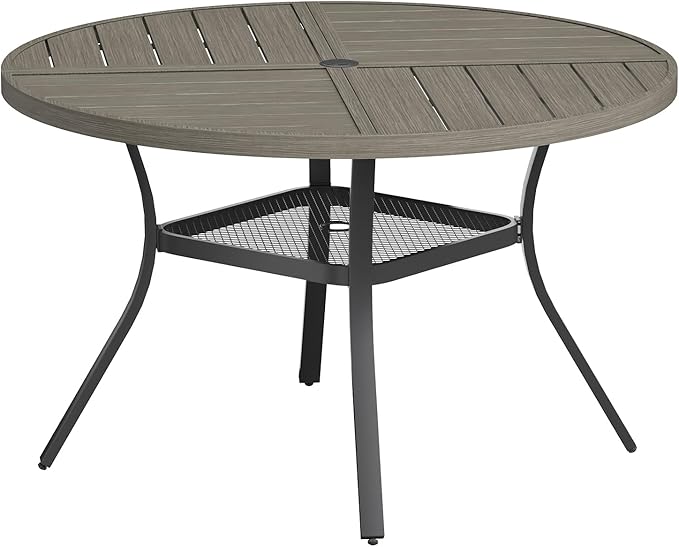 VICLLAX Round Patio Table with Adjustable Umbrella Hole for 4, All Weather Metal Outdoor Dining Table for Lawn Garden, 40.6" Outdoor Coffee Table, Grey Wood-Like Tabletop