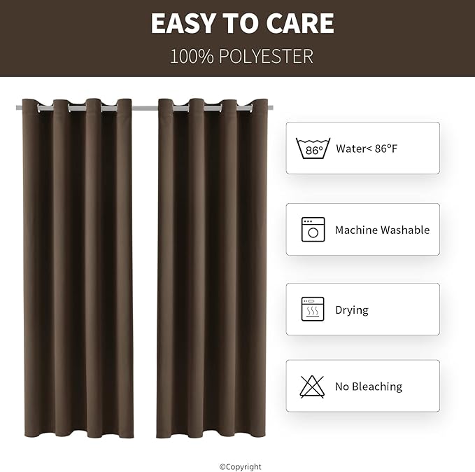 Water Proof Outside Curtains W52 x L72 with Grommet Top for Porch, Thermal Insulated Washable Light Block Outdoor Divider Drapes for Patio Gazebo Deck Pool Area Pergola Cabana (Brown, 2 Panels)