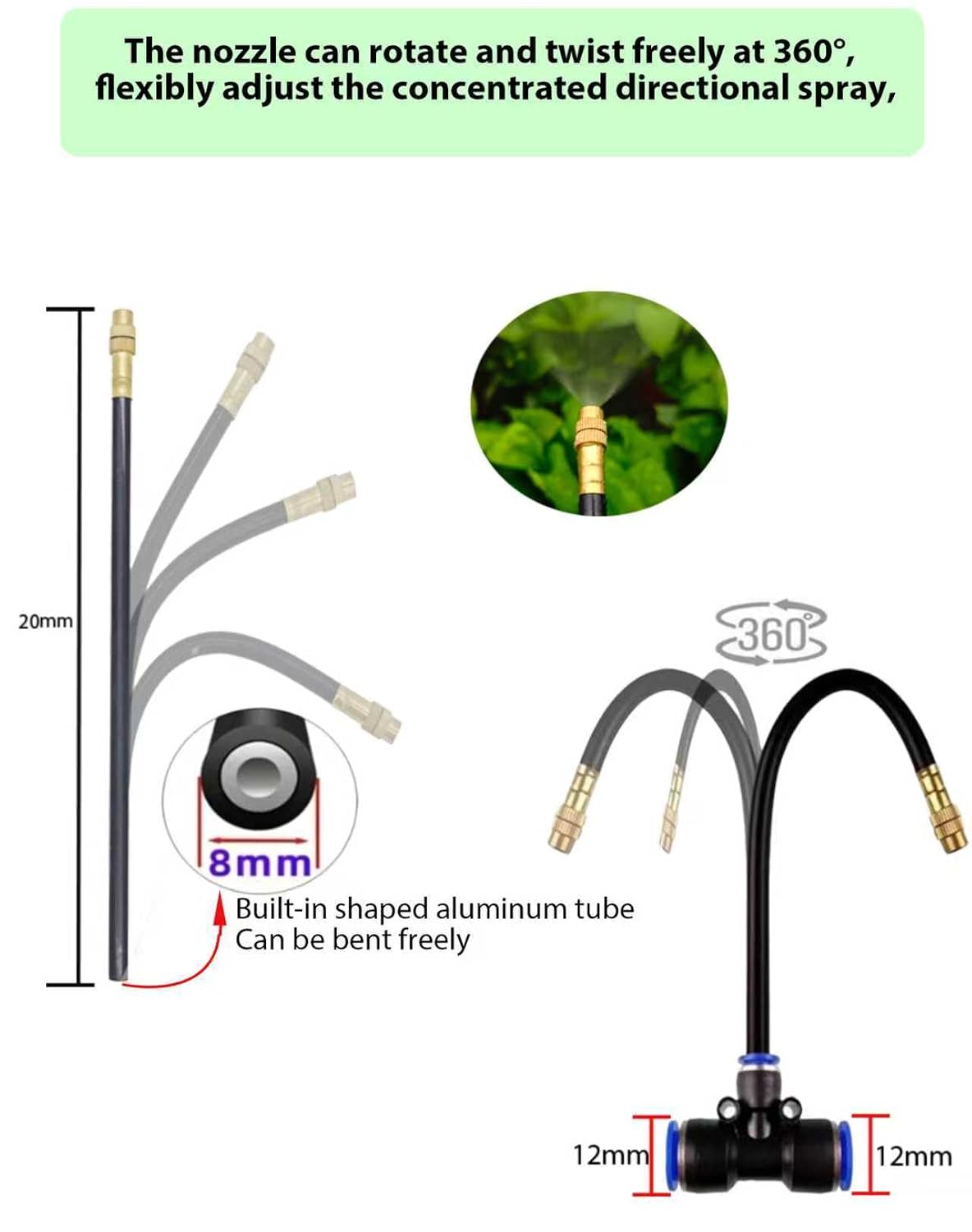 360° adjustable drip irrigation sprinkler kit – garden showing dimensions